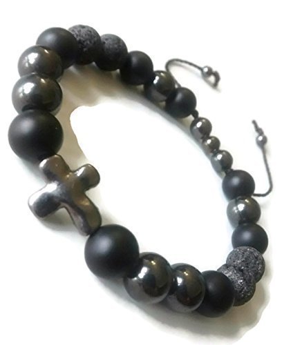 Unisex Magnetic Hematite Black Onyx Cross Adjustable Lava Bead Essential Oil Bracelet