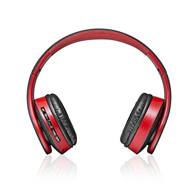 G-Cord Wireless Headset Bluetooth Foldable Over Ear Stereo Radio Headphones with Built-in Mic and Volume Control (Red and Black)