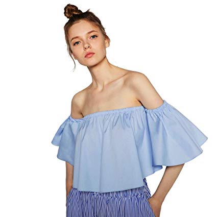 OUBAO Women Sexy Flare Sleeve Strapless Blouse