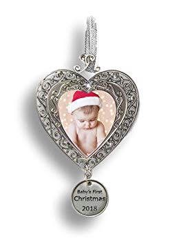 BANBERRY DESIGNS Baby's First Christmas - 2018 Ornament for Newborn - Silver Filigree Heart Shaped Photo Ornament - Baby Ornaments