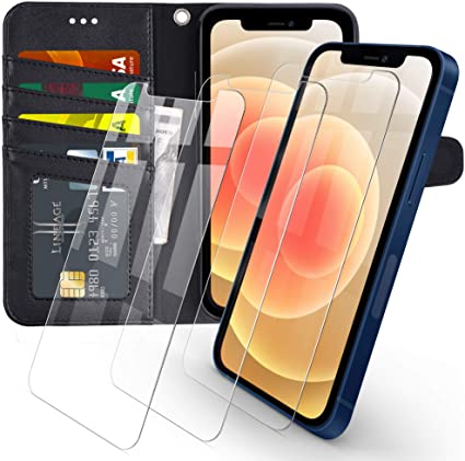 Arae for iPhone 12 Case and iPhone 12 Pro case Premium PU Leather Flip Cover Wallet Case (Black) with 3 Pack Ultra-Thin HD Tempered Glass Screen Protectors, 6.1 inch