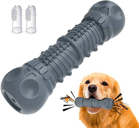 Squeaky Dog Chew Toy, Indestructible Dog Toys for Aggressive Chewers Large Breed with 2 Dog Finger Toothbrushes to Clean Teeth and Prevent Anxiety