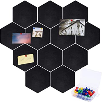 Cooraby 12 Pack Black Felt Bulletin Board Hexagon Self-Adhesive Pin Board with 40 Multi-Color Push Pins for Wall Decorative Memo