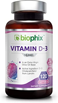 Vitamin D3 10000 IU 120 Softgels - High-Potency | Non-GMO | Soy-Free | in Extra Virgin Olive Oil | Strong Bones | Immune Health | Support for K-2