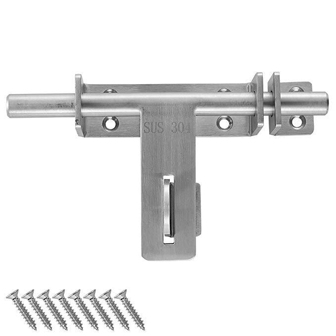 JQK Sliding Bolt Gate Latch, 6.7 Inch (Thick 3.4mm) Heavy Duty 304 Stainless Steel Barrel Bolt with Padlock Hole, Interior Door Latches Brushed Finish, DL310-BN