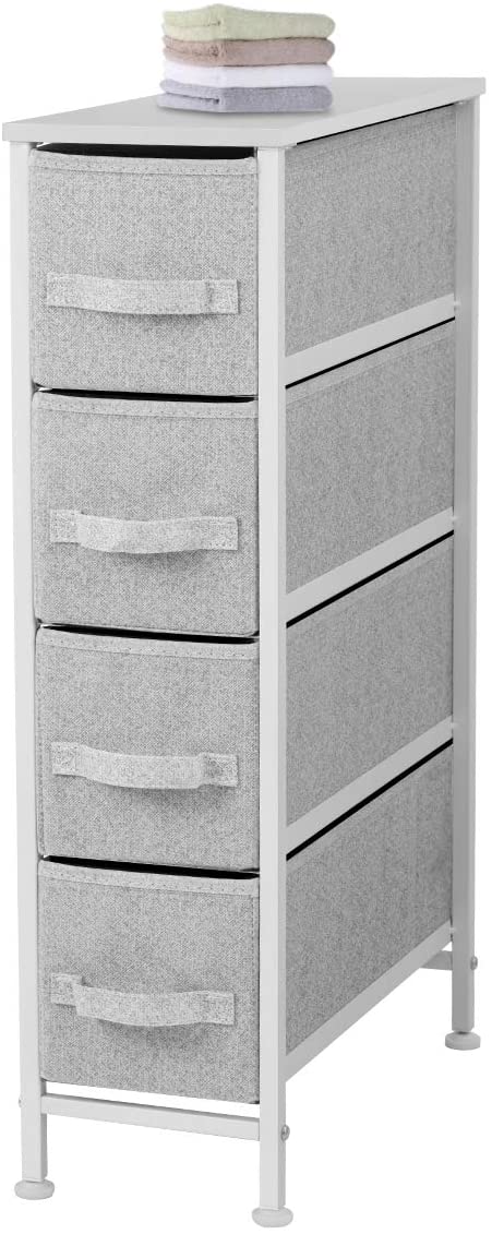 KINGSO Narrow 4 Dresser Drawer Vertical Dresser Storage Tower with Sturdy Steel Frame Easy Pull Fabric Bins Wood Top Organizer Unit for Bedroom Bathroom Living Room Laundry Closet, Light Gray