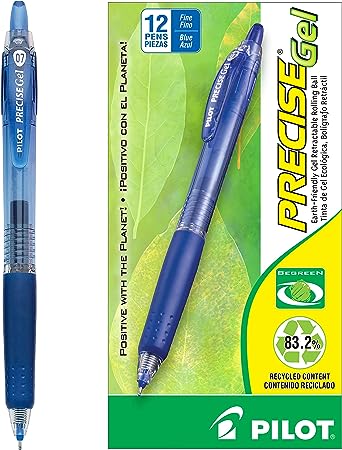 PILOT Precise Gel BeGreen Refillable & Retractable Rolling Ball Pens, Fine Point, Blue Ink, 12-Pack (15002)