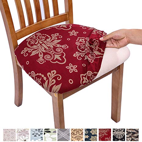 Comqualife Stretch Printed Dining Chair Seat Covers, Removable Washable Anti-Dust Upholstered Chair Seat Cover for Dining Room, Kitchen, Office (Set of 6, Red)