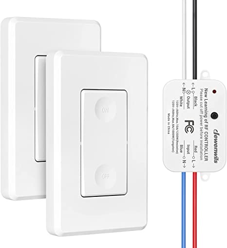 DEWENWILS Wireless Light Switch and Receiver Kit, Remote Control Wall Switch Lighting Fixture 3 Way for Ceiling Lights, Fans, Lamps, No Wiring, Expandable, 100ft RF Range, (2 Switches and 1 Receiver)