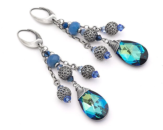 Bermuda Blue Swarovski almond drop filigree sterling silver 925 long statement earrings lever back
