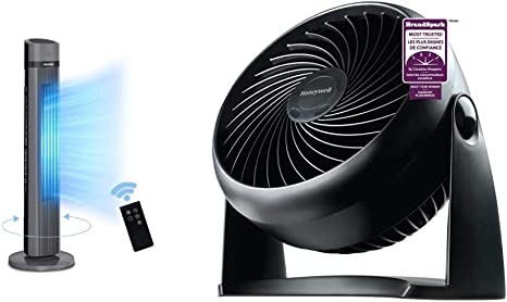 PELONIS Oscillating Tower Fan with Remote Control 40’’ Quiet Stand Up Fan with 3 Speed Settings, Black & Honeywell HT900C TurboForce® 7" Power Air Circulator, Black, with 90 Degree Head Pivot