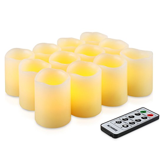 Kohree Flameless LED Candles Real Wax Remote Control Candles Battery Operated Retro Unscented Ivory Votive Pillar Candles Light, Warm White (Pack of 12)