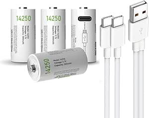 USB Lithium ion 14250 Rechargeable Battery, High Capacity 3.7V 300mAh 1/2 AA Size Rechargeable Can Replace 3.6 Volt LS14250 ER14250 CR14250 Batteries, Fast Charge with Type C Port Cable (4-Pack)