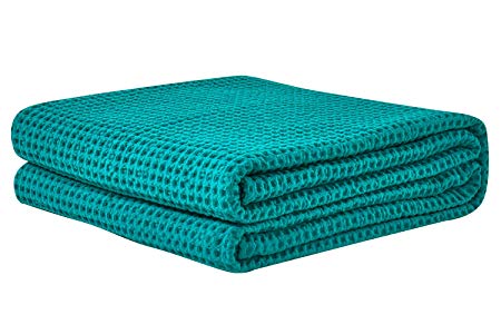 PHF Waffle Weave Blanket 100% Cotton Breathable Warm Right Weight for Winter and Summer Twin Size Green