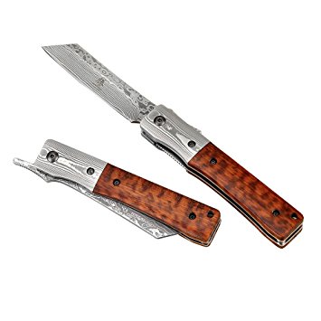 KATSU Handmade Damascus Steel Japanese Razor Pocket Folding Knife with Snake Wood Handle and Damascus Bolster