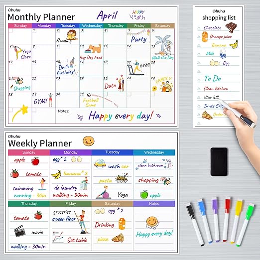 Ohuhu Dry Erase Calendar For Fridge, Set Of 3 Magnetic Calendars 17X12" Monthly Calendars, 17X12" Weekly Organizer & 5X12" Daily Notepad With 6 Markers And A Eraser For Kitchen Refrigerator