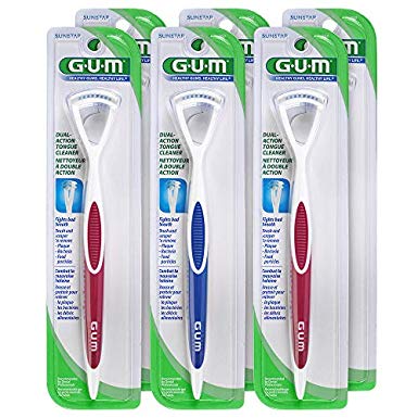 GUM Dual Action Tongue Cleaner Brush and Scraper (Colors May Vary) (Pack of 6)