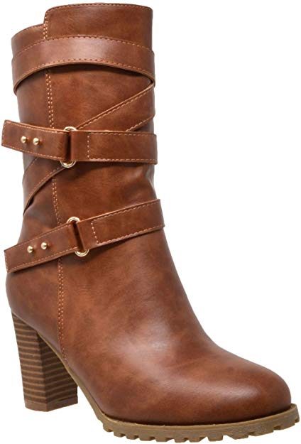 Womens Mid Calf Boots Strappy Buckle Accent Stacked Chunky Heel Shoes KSC-WB-M30