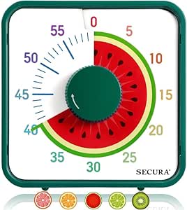 Secura 7.5-Inch Fruit Visual Timer for Kids, 60-Minute Countdown Timer for Classroom or Kitchen, Durable Mechanical Timer Clock with Magnetic Backing (Watermelon)