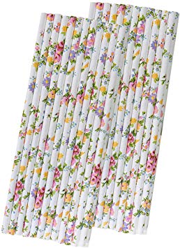 Rose Floral Paper Straws - Pink Yellow White - 7.75 inches - 50 Pack - Outside The Box Papers Brand