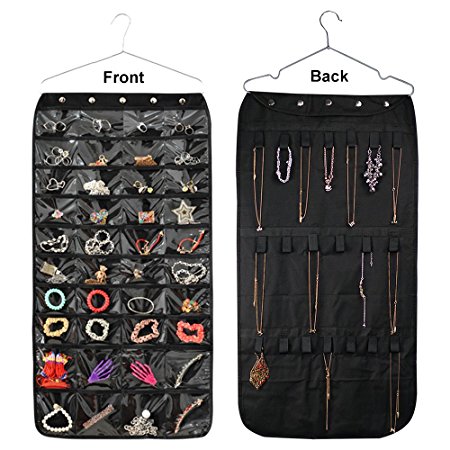 Hanging Jewelry Organizer Double Sided 40 Pockets & 20 Magic Tape Hook Storage Bag Closet Storage for Earrings Necklace Bracelet Ring Display Pouch-Huston Lowell (Black)
