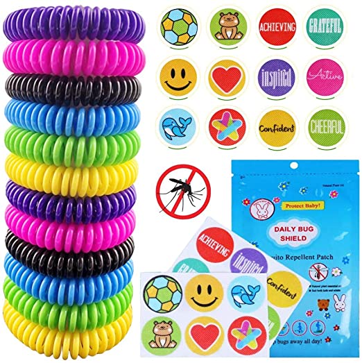 Mosquito Repellent Bracelet 12 Pack Natural Mosquito Repellent Band with 24 Pcs Stickers Safe for Kids and Adults Waterproof Insect Repellent Wristband for Indoor and Outdoor Protection UP to 300Hrs