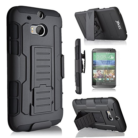 HTC One M8 Case, Starshop Full Protection Dual Layers Hybird Case with Kickstand and Locking Belt Swivel Clip Black