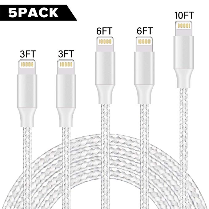 GUIGUI MFi Certified iPhone Charger 5Pack 3FT 3FT 6FT 6FT 10FT Nylon Braided Certified USB Charging & Syncing Cord Compatible iPhone Xs/Max/XR/X/8/8Plus/7/7Plus/6S/6S Plus/SE/iPad/Nan - Silver Grey