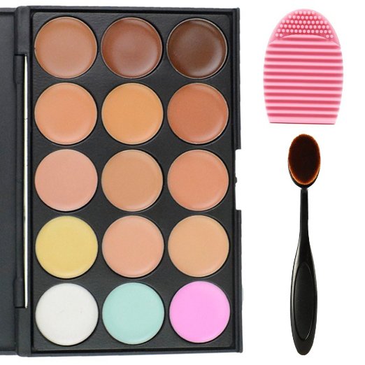 EVERMARKET 15 Colors Professional Concealer Camouflage Makeup Palette Contour Face Contouring Kit   1 PC Premium Oval Make Up Brush   1PC Silica MakeUp Washing Brush