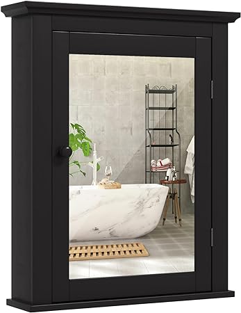 COSTWAY Bathroom Medicine Cabinet with Mirror, Wall-Mounted Storage Cabinet Organizer with 5-Position Adjustable Shelf, Hanging Bathroom Wall Cabinet for Living Room Bedroom Entryway (Black)