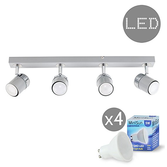 Modern 4 Way Gloss Grey & Silver Chrome Straight Bar Ceiling Spotlight - Complete with 5w LED GU10 Light Bulbs [6500K Cool White]