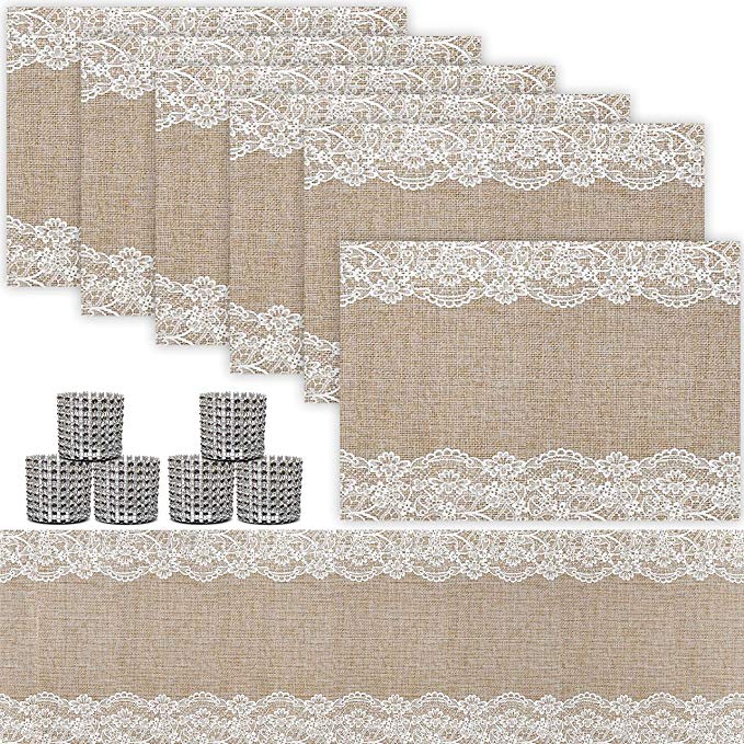 Trivetrunner: Decorative Modular Trivet Runner with 6 pcs Placemats Set Hot Pad, Heat-Resistant Surface,for Hot Plates, Pots, Dishes (Jute & Lace Set 1 Table Runner   6 placemats)