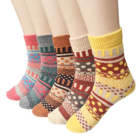 Loritta Women's 5 Pairs Vintage Style Winter Knitting Warm Wool Crew Socks