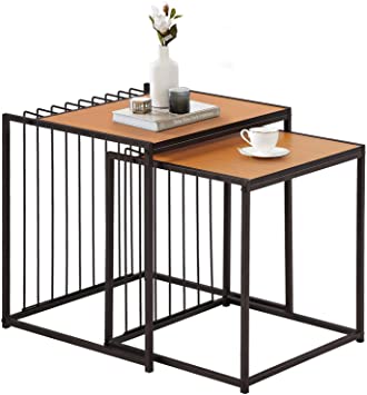 VECELO Industrial Nesting Coffee Table Set of 2,Stacking Side or End for Living Room Balcony Home and Office, Light Brown