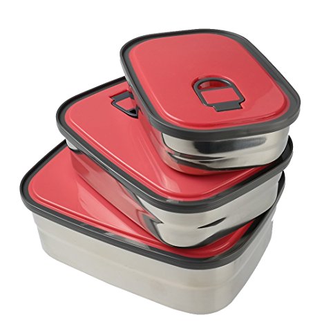 Pekky FDA-approved Stainless Steel Bento Lunch Boxes / Sandwich Boxes, Set of 3 (red)
