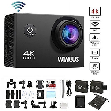WIMIUS Q1 4K Action Camera Wifi Ultra HD 16MP Waterproof Sports Camera 2.0'' 170°Wide Angle Include Waterproof Case,2pcs Batteries and Full Accessories Kits (Black)