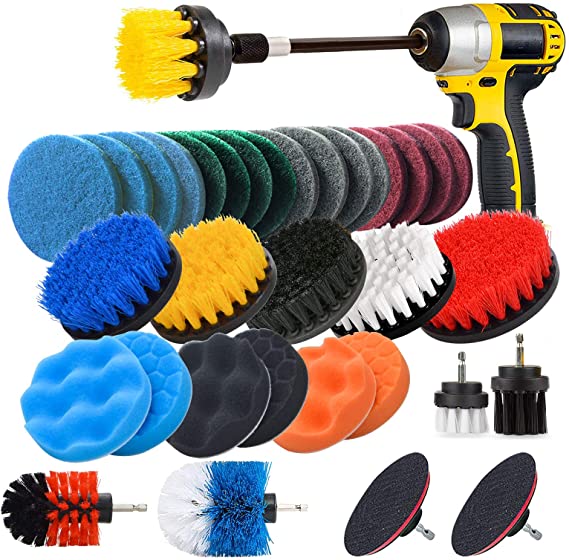 JUSONEY Drill Brush Scrub Pads 37 Piece Power Scrubber Cleaning Kit - All Purpose Cleaner Scrubbing Cordless Drill for Cleaning Pool Tile, Sinks, Bathtub, Brick, Ceramic, Marble, Auto, Boat