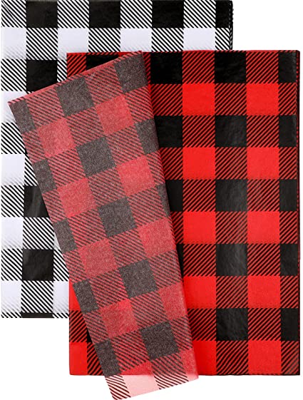 100 Sheets Buffalo Plaid Tissue Paper Christmas Wrapping Paper Rustic Art Holiday Wrapping Paper for DIY Crafts Christmas Wrapping (Red-black, White-black)