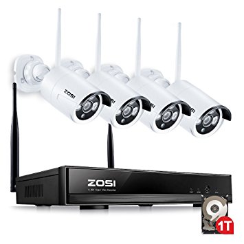 ZOSI 4CH 960P HD Wireless Security Camera System w/1TB Hard Drive, 4ｘ1.30Megapixel 960P Wifi Outdoor IP Camera w/ 4CH 960P HD Security Network NVR Recorder Wifi Kit Support Smartphone Remote View