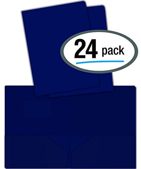 Heavyweight Plastic 2 Pocket Portfolio Folder, Letter Size Poly Folders by Better Office Products, 24 Pack (Navy Blue)