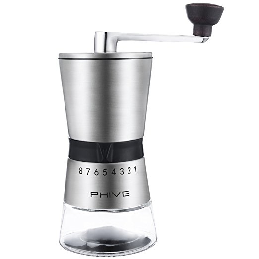 Manual Coffee Grinder, PHIVE Ceramic Conical Burr Mill, 15 Coarseness Settings for Precision Brewing, Brushed Stainless Steel, Glass Jar with Sticky Pad, Hand Crank Coffee Mill