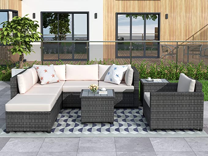 Merax 8 Pieces Grey Rattan Patio Furniture Sets, Outdoor Wicker Sectional Seating Group with 2 Coffee Tables and 4.7'' Thick Beige Cushions