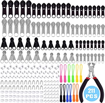 KUUQA 211 Pcs Zipper Repair Kit Zipper Replacement with Zipper Install Plier for DIY Bags, Luggage, Backpacks, Silver and Black