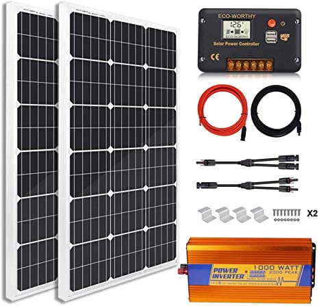 ECO-WORTHY 200 Watts RV Solar Kits with Inverter: 2pcs 100W Mono Solar Panel   1000W 12V-110V Inverter   20A Charge Controller   16ft Solar Cable Adaptor   Y Branch Connector   Z Mounting Brackets