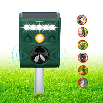 ZOVENCHI Ultrasonic Animal Pest Repellent, Outdoor Solar Animal Repeller with LED Flashing Light, Waterproof Pest Repeller with Motion Sensor, Repel Dogs, Cats, Squirrels, Rabbits and more