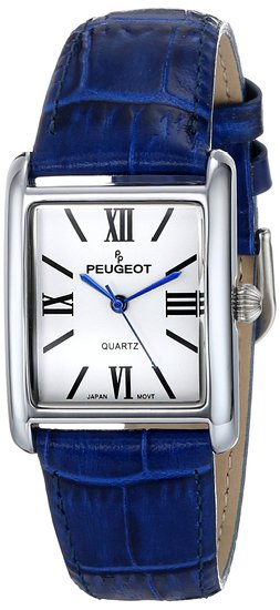 Peugeot Womens Silver Tank Roman Numeral Blue Leather Band Watch 3036BL