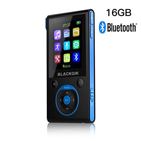 16GB Bluetooth MP3 Player with 50 Hrs Playback,HiFi Lossless Music Player with FM Radio and Pedometer,Support Up to 64GB Micro SD Card,Earphone and AUX Cable included (Black Blue)