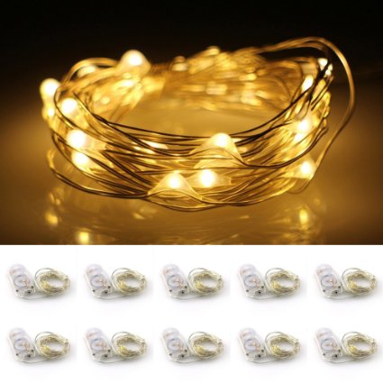 LXS Battery Operated Season String Lights 10 Sets of 2M /20 LEDS,Amazingly Bright - Ultra-thin Flexible Easy to Wrap Silver Wire For Christmas Wedding Party,Fairy Light Effect(10PC-Warm White)