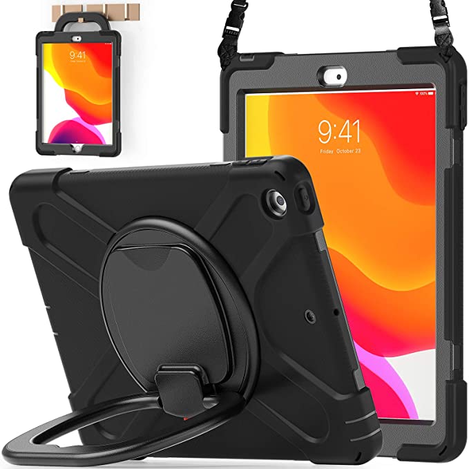 BATYUE iPad 9th/ 8th/ 7th Generation Case (iPad 10.2 inch Rugged Case 2021/2020/2019) with Screen Protector, Rotating Stand/Pencil Holder/Carrying Shoulder Strap (Black)