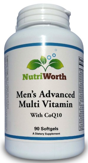 NutriWorth Men's Advanced Multivitamin with Coq10!! This Super Multivitamin Supports a Healthy Heart, Prostate, Long-lasting Energy, Sharpens Mental Focus and Rich with Antioxidants!! 90 Liquid Gel Tabs.